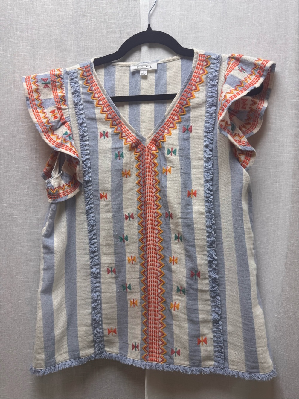 THML Striped Embroidered V-Neck Flutter Sleeve Top - Blue & Cream